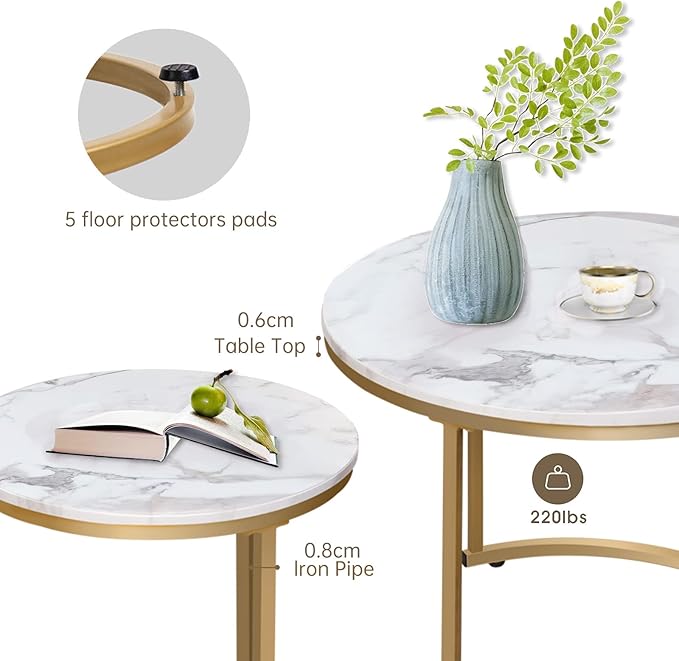 aboxoo Coffee Table Nesting White Set of 2 Side Set Golden Frame Circular Round and Marble Pattern Wooden Tables, Living Room Bedroom Apartment Modern Industrial Simple Nightstand