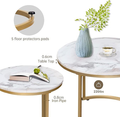 aboxoo Coffee Table Nesting White Set of 2 Side Set Golden Frame Circular Round and Marble Pattern Wooden Tables, Living Room Bedroom Apartment Modern Industrial Simple Nightstand