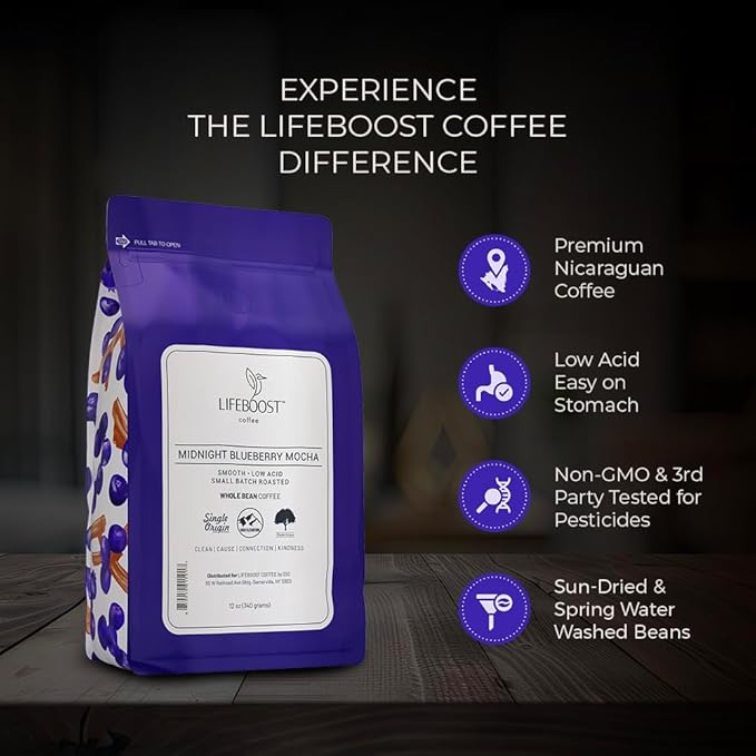 Lifeboost Midnight Blueberry Mocha Whole Bean Coffee - Non-GMO Wild Blueberry Low Acid Single Origin Coffee Beans - Third Party Tested For Mycotoxins & Pesticides - 12 Ounces