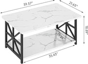 AWQM Faux Marble Coffee Table for Living Room with Round Corners,2 Tier Living Room Table with Storage Shelf,Rectangular Coffee Table Center Table for Small Spaces,White