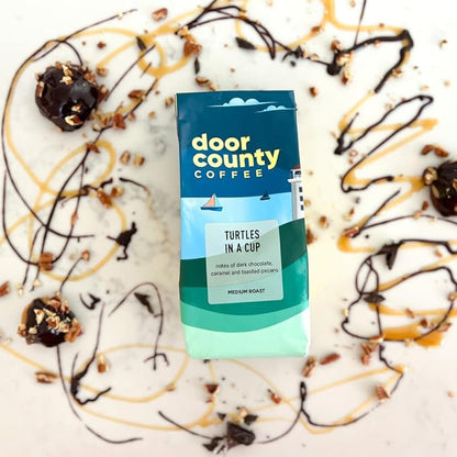 Door County Coffee Turtles in a Cup Flavored Whole Bean - 10 oz Bag - Medium Roast - 100% Specialty Arabica - Flavored Gourmet - Turtles in a Cup