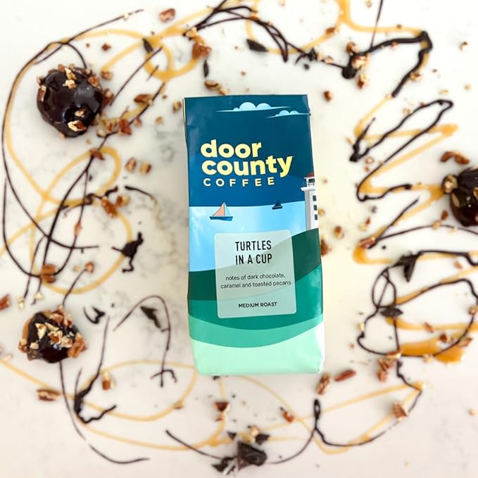 Door County Coffee Turtles in a Cup Flavored Whole Bean - 10 oz Bag - Medium Roast - 100% Specialty Arabica - Flavored Gourmet - Turtles in a Cup