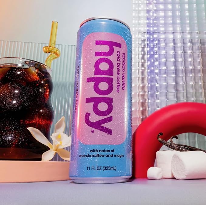 happy coffee tahitian vanilla cold brew, 11 oz. cans, 12 pack, notes of marshmallow & magic, 100% arabica beans, no artificial flavors or artificial sweeteners