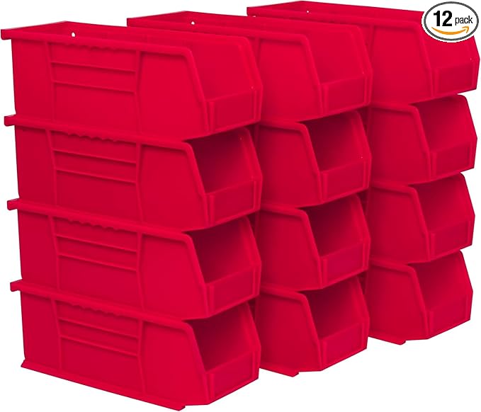Akro-Mils 30224 AkroBins Plastic Storage Bins, Space-Saving Stackable Bins for Garage, Pantry, Craft Organization, 11" L x 4" W x 4" H, Red, 12-Pack