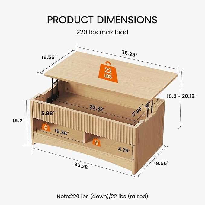 Amada Lift Top Coffee Table with Storage Shelf & Hidden Compartment, Modern Fluted Rectangle Dining Table for Living Room, Home Office,Natural Oak