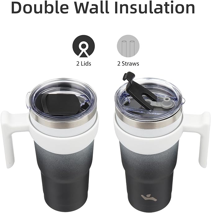 20 oz Tumbler with Handle and 2 Straw 2 Lid, Insulated Water Bottle Stainless Steel Vacuum Cup Reusable Travel Mug,Day Night