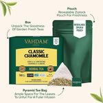 Load image into Gallery viewer, VAHDAM, Chamomile Herbal Tea (100 Pyramid Tea Bags) Resealable Ziplock Pouch | Caffeine Free, Non GMO, Gluten Free | 100% Pure Tisane - Sweet &amp; Floral | Made With Natural Chamomile Flowers