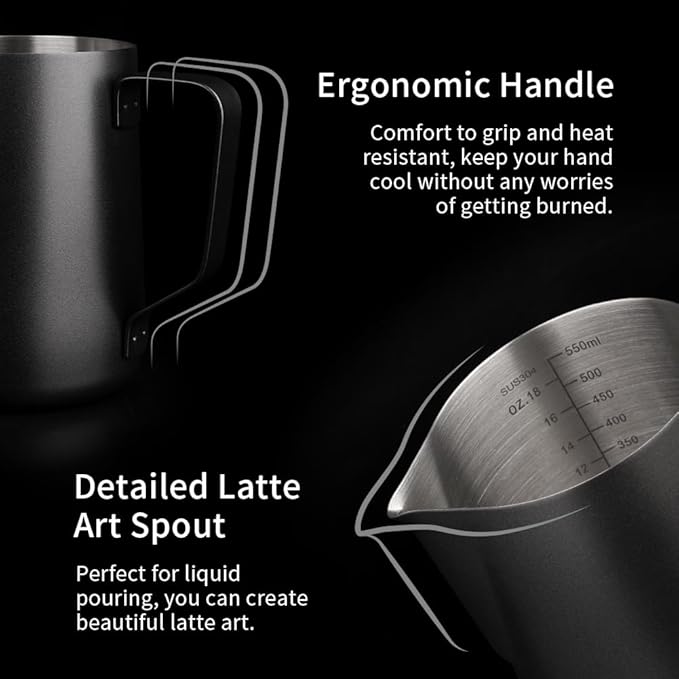 watchget Stainless Steel Milk Frothing Pitcher 20oz/600ml - Espresso Steaming Pitcher for Cappuccino, Latte Art, Coffee Machine Accessories Milk Jug Coffee Frother Cup, Black