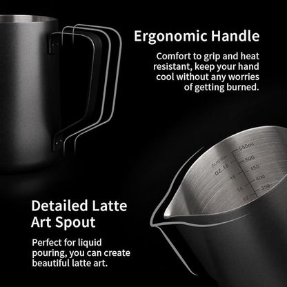 watchget Stainless Steel Milk Frothing Pitcher 20oz/600ml - Espresso Steaming Pitcher for Cappuccino, Latte Art, Coffee Machine Accessories Milk Jug Coffee Frother Cup, Black