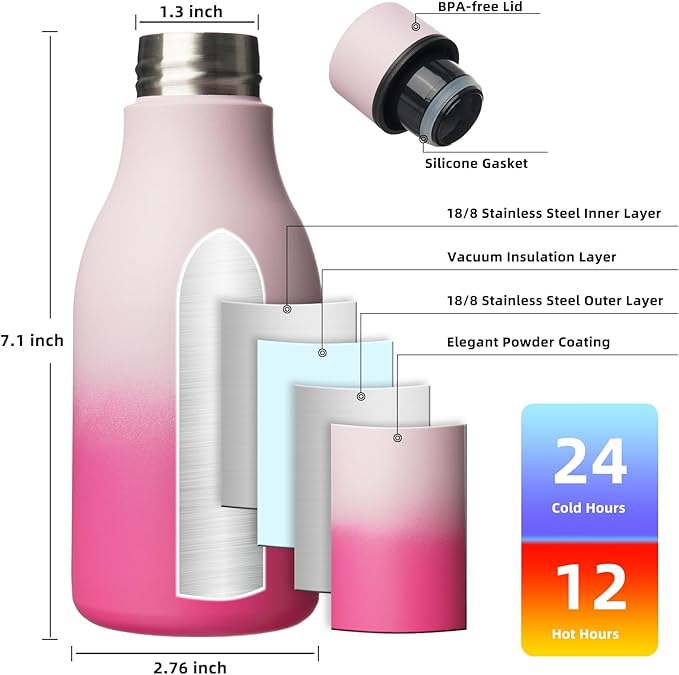 BJPKPK Insulated Water Bottles, 12oz Stainless Steel Metal Water Bottle with Strap, BPA Free Leak Proof Jugs, Mugs, Flasks, Reusable Thermal Flasks for Sports & Travel, Sakura