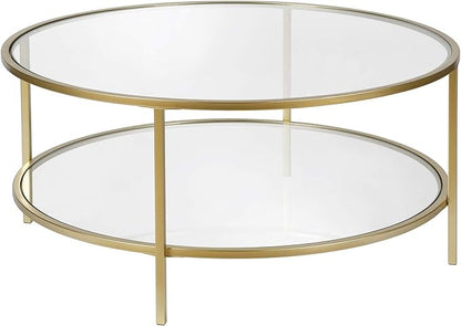 Henn&Hart 36" Round Coffee Table with Glass Top and Glass Open Storage Shelf for Living Room, Family Room, Office, or Apartment, Brass