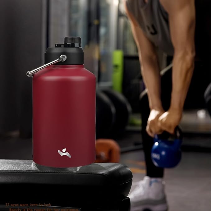 1 Gallon Jug with Handle,128 oz Insulated Water Bottle with Carrying Pouch, Double Wall Vacuum Stainless Steel Metal Bottle,Dark red