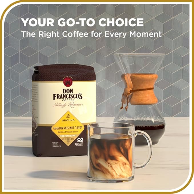 Don Francisco's Premium Hawaiian Hazelnut Medium Roast Ground Coffee - 100% Arabica Beans, Perfect for Drip, Pour Over, and French Press - Carefully Sourced, Family-Crafted Since 1870 (20 oz Bag)