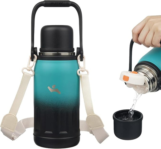 Insulated Water Bottle with Handle and Strap,Vacuum Travel Tumbler with Cup Lid,Thermo Coffee Cup for Hot Cold Drinks 27 OZ,TealBlack