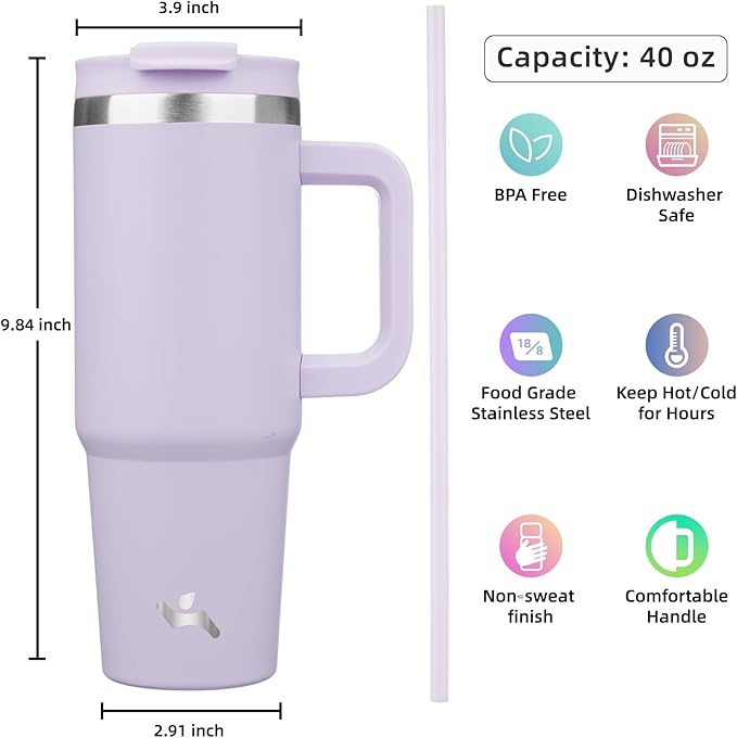 40 oz Tumbler with Handle and 2 Straws,2 in 1 Lid Insulated Water Bottle Stainless Steel Travel Coffee Mug,Wisteria