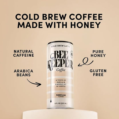 Beekeeper Coffee Cold Brew Vanilla Latte with Oregon Honey, 8 fl oz cans (Pack of 12), Ready-to-Drink, 125mg Natural Caffeine