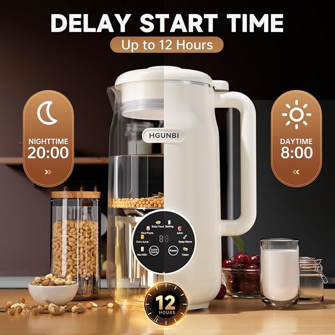 8-in-1 Automatic Nut Milk Maker Machine, 50oz Soy Milk Maker with 12 Blades, Nut Milk Maker Blender for Homemade Plant-Based Milk, Oat, Soy, with Self-Cleaning, Keep Warm, 12-Hour Delay