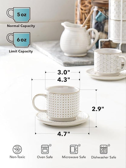LE TAUCI Stackable Cappuccino Cups 6 oz with Saucers and Stand, Ceramic Embossed Coffee Mugs for Espresso Au Lait, Latte, Cafe, Mocha,Tea, Dishwasher Oven Safe - Set of 4, Arctic white
