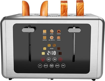 whall 4 Slice Touch Screen Toaster, Stainless Steel Toasters Digital Timer, Dual Control Panel Toasters，6 Shade Settings＆6 Bread Types, Smart Wide Slots, Bagel, Cancel, Defrost,Gray
