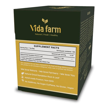 VIDA FARM 100 Dandelion Tea Bags - 100% Natural Dandelion Leaf & Root, Sugar Free, Caffeine Free, Non-GMO - Premium Dandelion Root Herbal Tea, Smooth Taste