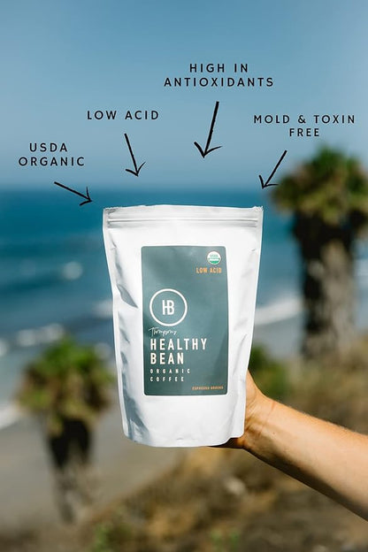 Healthy Bean Organic Espresso Ground Coffee Dark Roast - Low Acid Coffee Grounds for Sensitive Stomach - Dark Espresso Roast, USDA Organic, High Antioxidants, Strong and Rich Flavor, 11oz