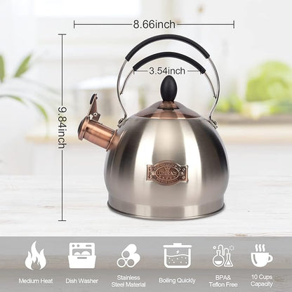 Whistling Tea Kettle Stainless Steel Teapot, Teakettle for Stovetop Induction Stove Top, Fast Boiling Heat Water Tea Pot 2.6 Quart
