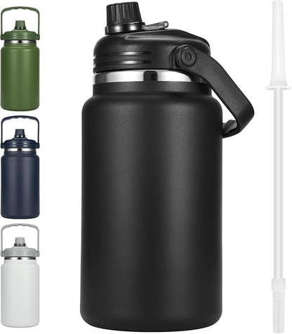 1 Gallon Thermosflask with Straw, 135oz Stainless Steel Insulated Water Bottle，4L Oversized Double Wall Vacuum Jug with Handle for Hot Cold Drinks, Wide mouth Icebuckets for Hiking Sports(Black)