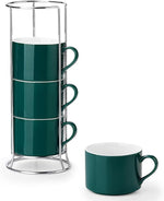 Load image into Gallery viewer, 10 Ounce Green Porcelain Stackable Cappuccino Cups with Stainless Steel Holder, Set of 4, Durable Ceramic, Perfect for Home, Office or Gift