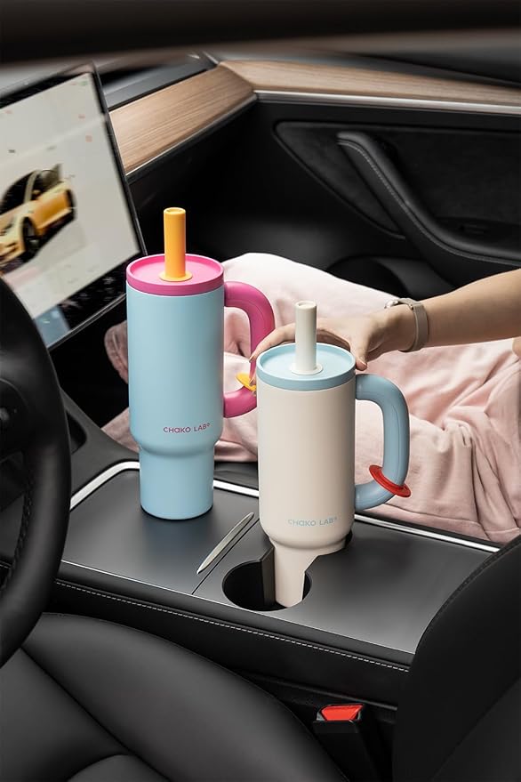 BaWang Insulated Stainless Steel Tumbler | Tumbler with Handle and Straw 33oz | Cup Holder Friendly for Travel | Leakproof Water Bottle | BPA-Free | 316 stainless steel liner| white＆blue