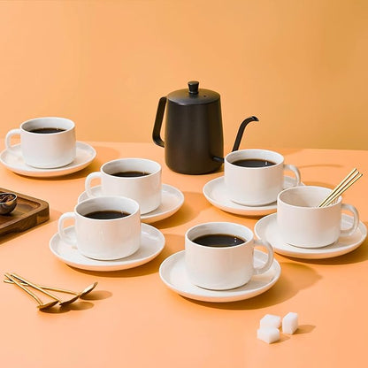 Coffee Cups and Saucers Set of 6 with Stainless Steel spoons, 8oz Ceramic Cappuccino Cups Set, White Durable Porcelain Cups for Tea, Espresso, Latte, Mocha