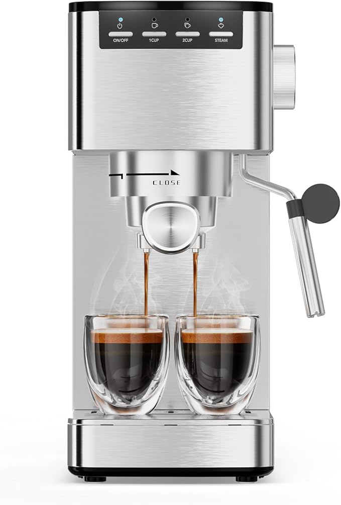 Kndko Espresso Machine, 20 Bar Espresso Coffee Maker with Steam Milk Frother, Compact Stainless Steel Coffee Machine with 40.5oz Removable Water Tank for Espresso, Latte, Cappuccino, Iced Coffee
