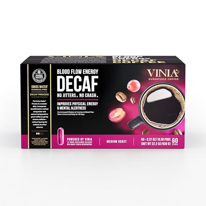 VINIA Blood Flow Energy Coffee DECAF - Medium Roast Superfood Coffee Pods, Swiss Water Process Powered by Red Grape Piceid Resveratrol. K Cup Compatible Coffee Pods, Caffeine Free, 60 Ct