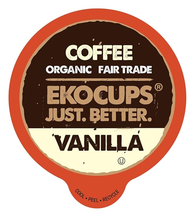 EKOCUPS Artisan Organic Vanilla Flavored Hot or Iced Coffee, Medium roast, in Recyclable Single Serve Cups for the Keurig K Cup Brew, 40 Count