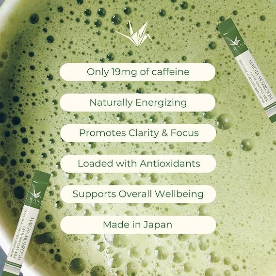 Matcha Mushroom Latte Mix with Adaptogens, 30 Sachets, Oat Milk, Plant Based for Focus and Clarity