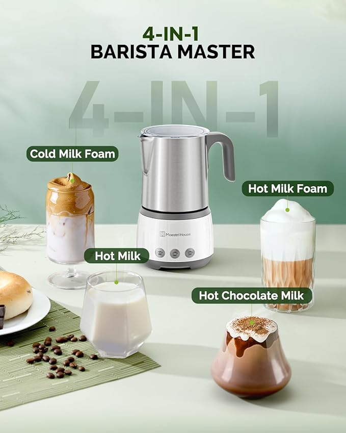 Maestri House Milk Frother, 4-in-1 Electric Milk Steamer and Frother, 16.9OZ 600W Smart Touch Control Hot and Cold Foam Maker, Memory Function for Latte, Cappuccinos, Warm Milk, Hot Chocolate Milk