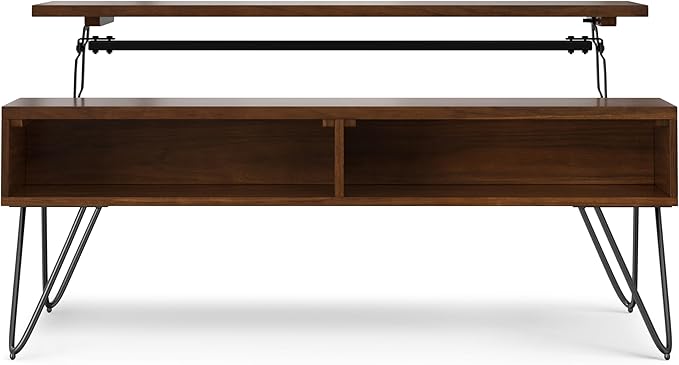 SIMPLIHOME Hunter Lift Top Coffee Table - 48 inch Wide Solid Walnut Veneer and Metal Industrial Cocktail Table, Functional Living Room Table with 2 Storage Cubbies and Hairpin Legs