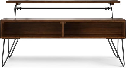 SIMPLIHOME Hunter Lift Top Coffee Table - 48 inch Wide Solid Walnut Veneer and Metal Industrial Cocktail Table, Functional Living Room Table with 2 Storage Cubbies and Hairpin Legs