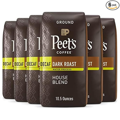 Peet's Coffee, Dark Roast Ground Coffee - Decaf House Blend 63 Ounces (6 Bags of 10.5 Ounces)