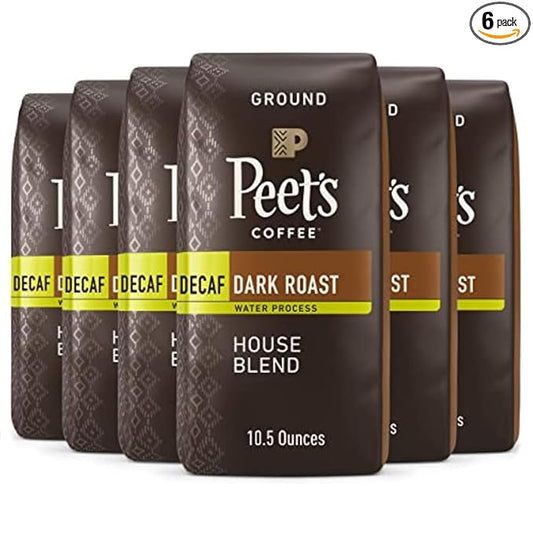 Peet's Coffee, Dark Roast Ground Coffee - Decaf House Blend 63 Ounces (6 Bags of 10.5 Ounces)