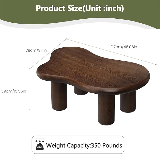 46" Retro Brown Cloud Coffee Table, Modern Round Edge Coffee Table with 4 Sturdy Support Legs and 2.67" Thick Tabletop,Easy Match for Living Room, Bedroom, Balcony,Patio