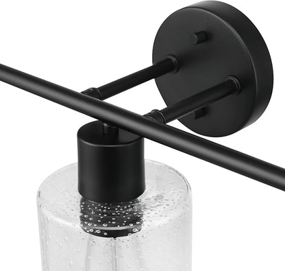 Globe Electric 51851 Bristol 5-Piece All-in-One Bathroom Set, Matte Black, 3-Light Vanity Light with Seeded Glass Shades, Towel Bar, Towel Ring, Robe Hook, Toilet Paper Holder