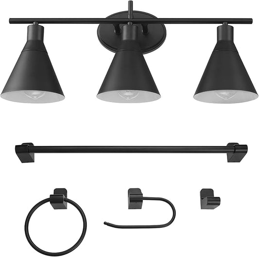 Globe Electric 52060 Tristan 5-Piece All-In-One Bathroom Set, Matte Black, 3-Light Vanity Light, Towel Bar, Toilet Paper Holder, Towel Ring, Robe Hook