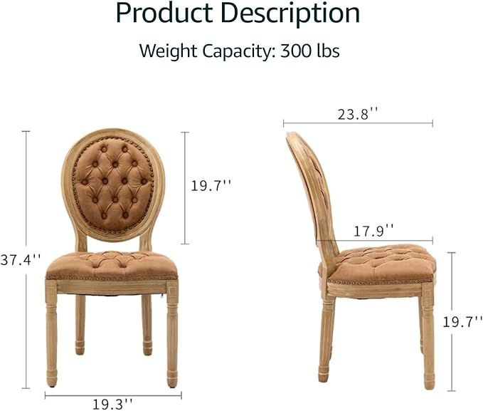 French Country Dining Chairs Set of 2, Amber Upholstered Dining Chairs, PU Leather Tufted Back, Solid Wood Legs, Farmhouse Kitchen & Dining Room Chairs, Sillas De Comedor (Amber, 2Pcs)