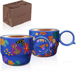 Load image into Gallery viewer, Ceramic Espresso Cups Set of 2 – Mini 3 oz Double Espresso Coffee Cups with Cute Q Handle, Floral and fruit Patterns, Small Blue Demitasse Shot Cups for Coffee Machine