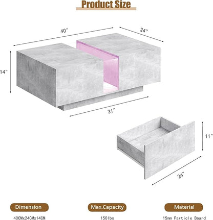 Grey Led Coffee Table for Living Room, Rectangular Living Room Table with Storage, Acrylic Coffee Tables with 2 Sliding Drawers, Wood Center Table for Reception Dinning Room