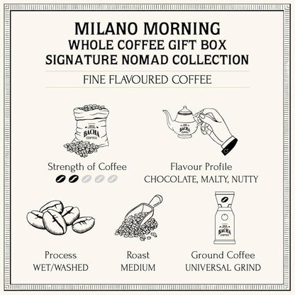 Bacha Coffee | Milano Morning Fine Flavoured Signature Nomad Collection, 100% Arabica Specialty Coffee, Whole Beans, Medium Roast, 250g