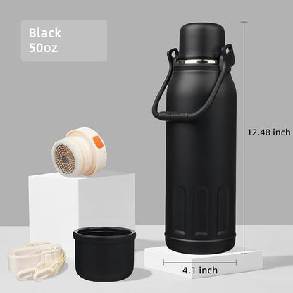 Insulated Water Bottle with Handle and Strap,Vacuum Travel Tumbler with Cup Lid,Thermo Coffee Cup for Hot Cold Drinks 50 OZ,Black