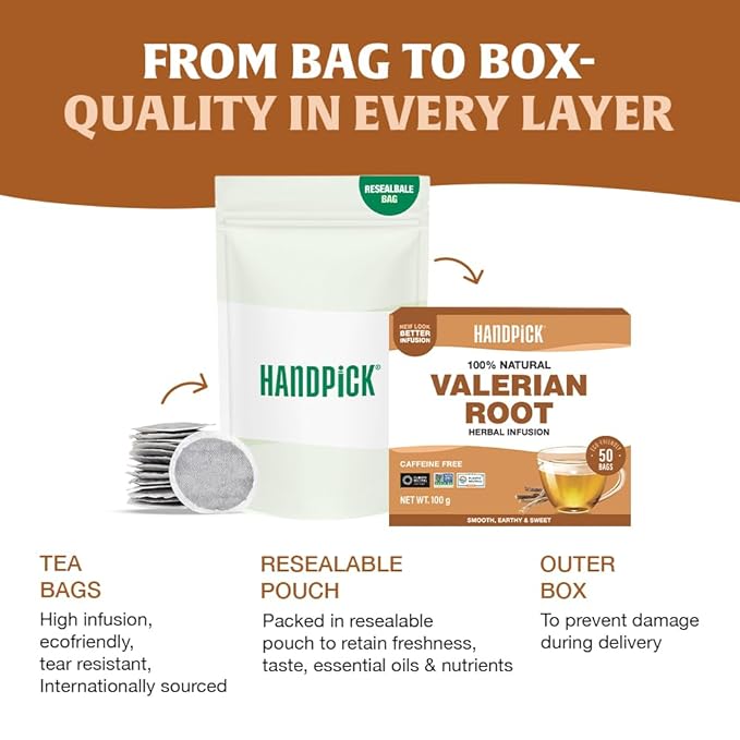 HANDPICK, Valerian Root Tea Bags (Valeriana) 50 Count | Non-GMO, Caffeine Free, Real Ingredients | Earthy/Woody Herbal Tea Bags | Round Eco-conscious Teabags