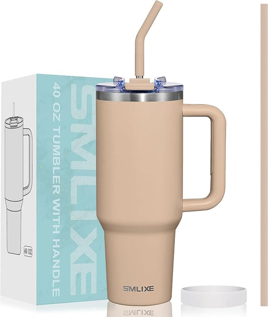 40 oz Tumbler with Handle and Straw Lid,Insulated Reusable Stainless Steel Water Bottle Travel Mug，Cupholder Friendly Double Wall Vacuum Sealed Cup (Mocha)
