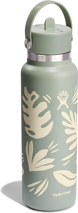 Hydro Flask Water Bottle - Insulated Stainless Steel - Wide Mouth Flex Straw Lid, Non Spill, Leakproof and Refillable in 40 Oz Botanical Bliss Agave